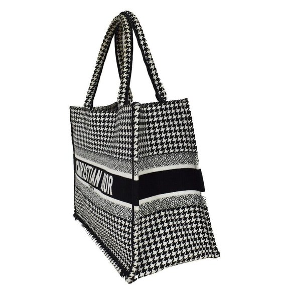 Authv CHRISTIAN DIOR Book Tote Hand Bag Houndstooth Canvas Leather Black - Picture 11 of 16